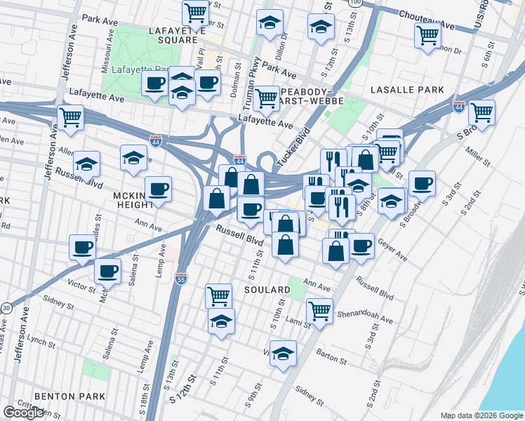 map of restaurants, bars, coffee shops, grocery stores, and more near 1104 Allen Avenue in St. Louis