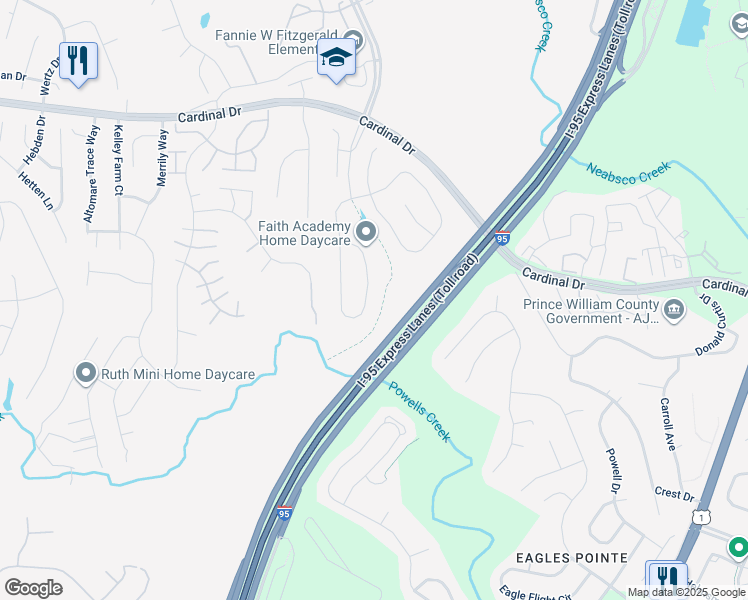 map of restaurants, bars, coffee shops, grocery stores, and more near 3400 Soaring Circle in Woodbridge