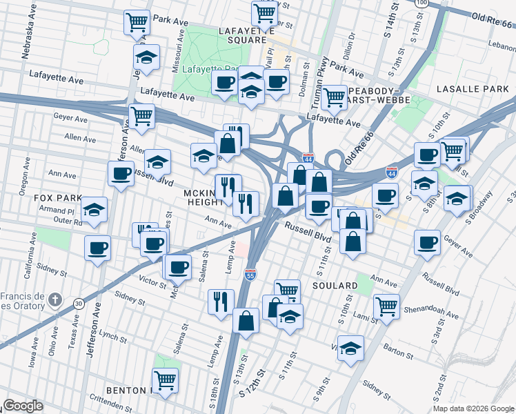 map of restaurants, bars, coffee shops, grocery stores, and more near in St. Louis