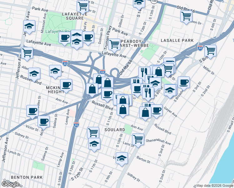 map of restaurants, bars, coffee shops, grocery stores, and more near 1104 Allen Avenue in St. Louis