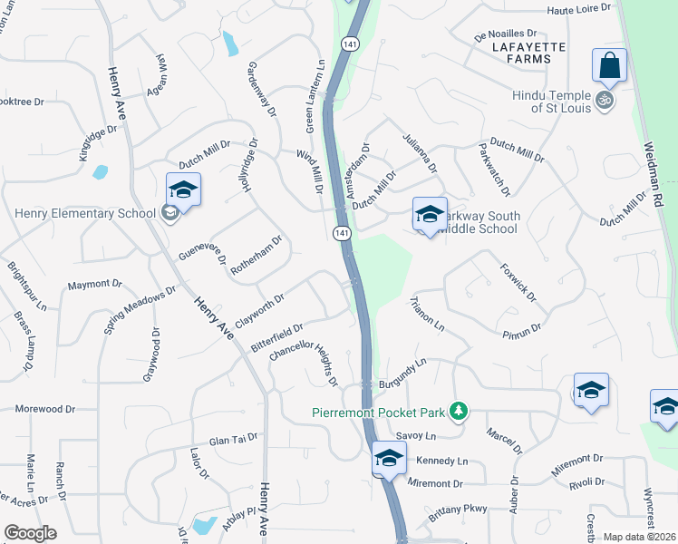 map of restaurants, bars, coffee shops, grocery stores, and more near 906 Clayworth Drive in Ballwin