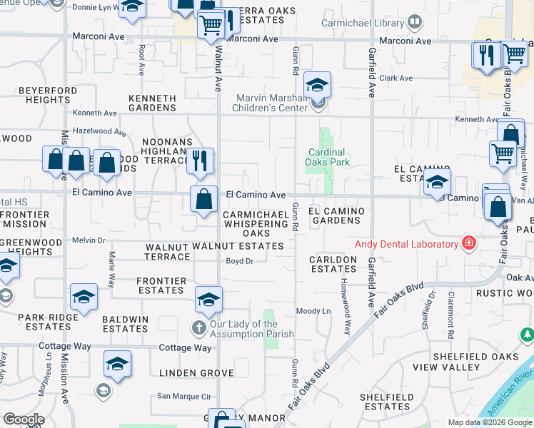 map of restaurants, bars, coffee shops, grocery stores, and more near 5219 Whisper Oaks Lane in Carmichael