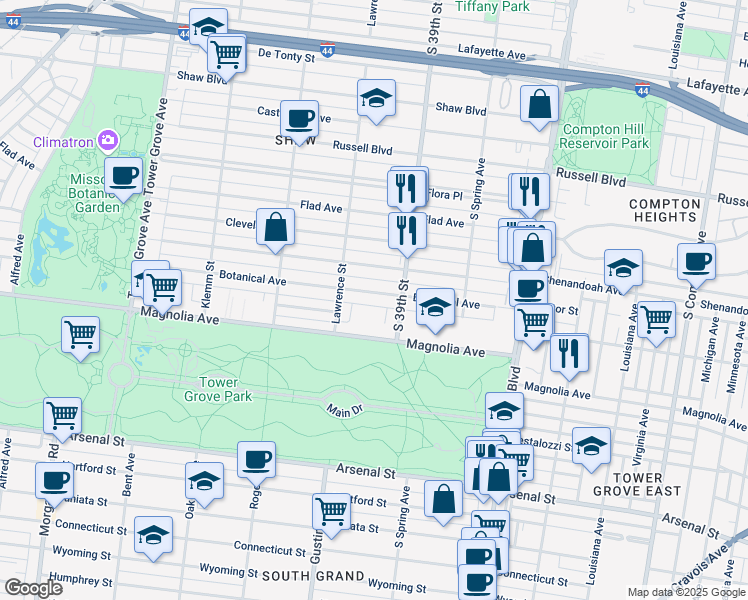 map of restaurants, bars, coffee shops, grocery stores, and more near 3929 Magnolia Avenue in St. Louis