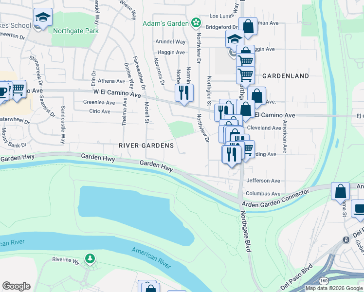 map of restaurants, bars, coffee shops, grocery stores, and more near 708 Northfield Drive in Sacramento