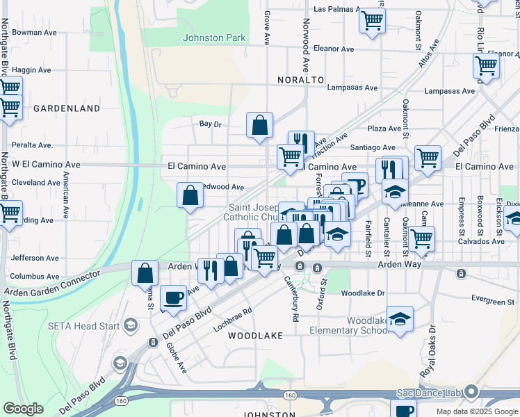 map of restaurants, bars, coffee shops, grocery stores, and more near 2299 Grove Avenue in Sacramento