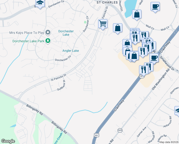 map of restaurants, bars, coffee shops, grocery stores, and more near 10810 Winchester Street in Waldorf