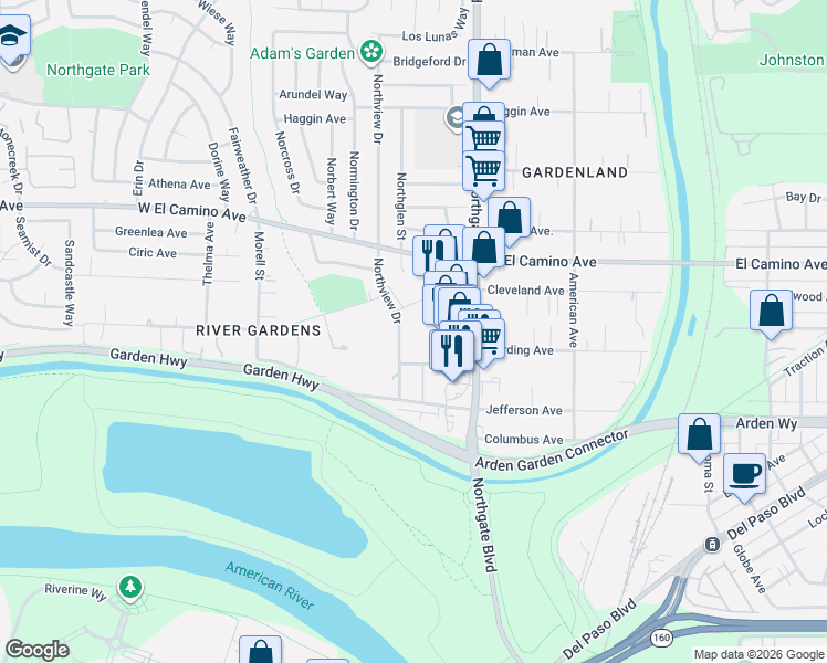 map of restaurants, bars, coffee shops, grocery stores, and more near 663 Northfield Drive in Sacramento