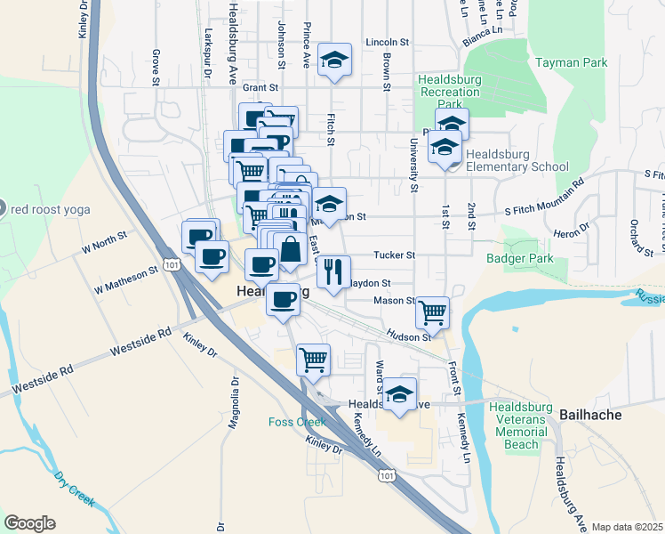 map of restaurants, bars, coffee shops, grocery stores, and more near 100 Fitch Street in Healdsburg