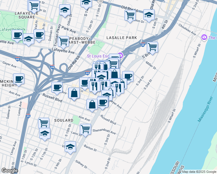 map of restaurants, bars, coffee shops, grocery stores, and more near 1832 South 8th Street in St. Louis