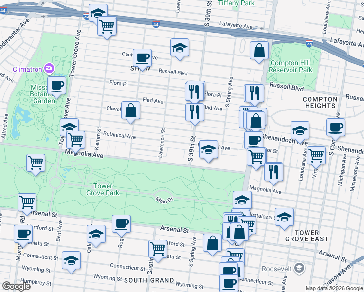 map of restaurants, bars, coffee shops, grocery stores, and more near 3929 Magnolia Avenue in St. Louis