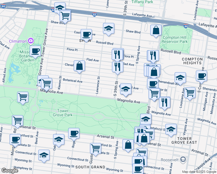map of restaurants, bars, coffee shops, grocery stores, and more near 3929 Magnolia Avenue in St. Louis