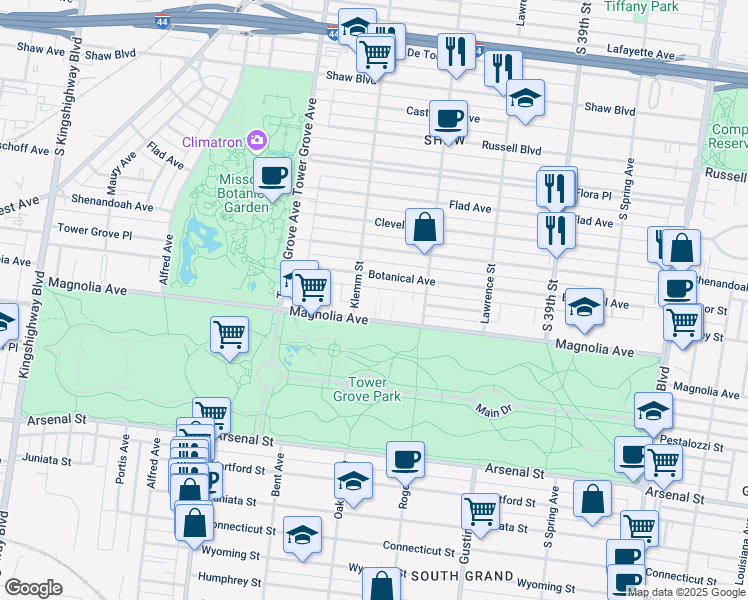 map of restaurants, bars, coffee shops, grocery stores, and more near 1 Hortus Court in St. Louis