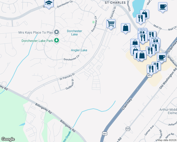 map of restaurants, bars, coffee shops, grocery stores, and more near 3580 Malvern Street in Saint Charles