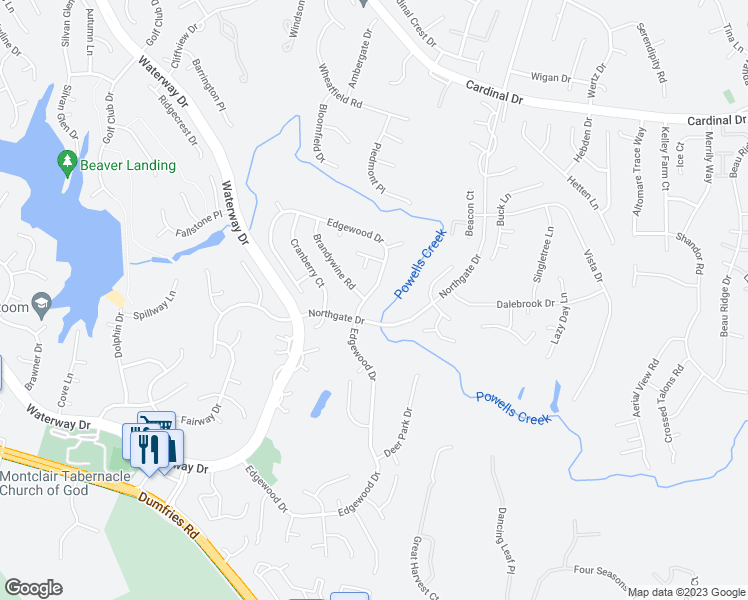 map of restaurants, bars, coffee shops, grocery stores, and more near 15811 Edgewood Drive in Dumfries