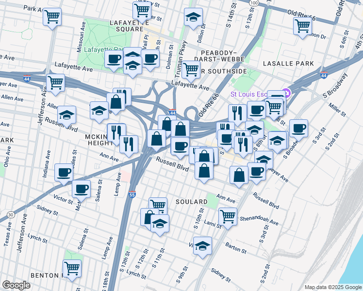 map of restaurants, bars, coffee shops, grocery stores, and more near 1219 Allen Market Lane in St. Louis