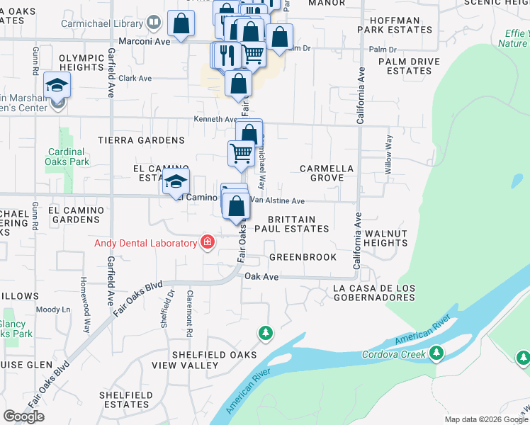 map of restaurants, bars, coffee shops, grocery stores, and more near 5920 Van Alstine Avenue in Carmichael