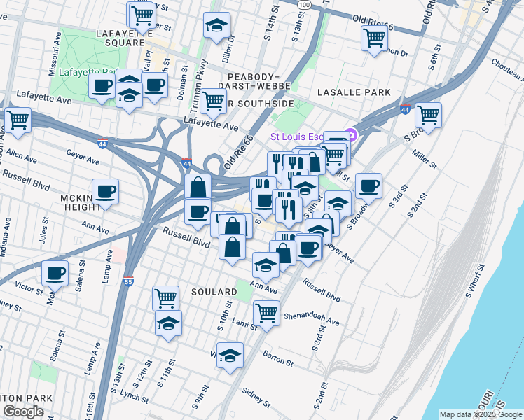 map of restaurants, bars, coffee shops, grocery stores, and more near South 10th Street in St. Louis