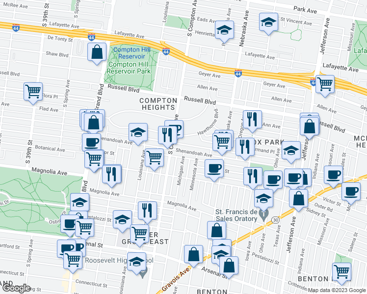 map of restaurants, bars, coffee shops, grocery stores, and more near 3120 Shenandoah Avenue in St. Louis