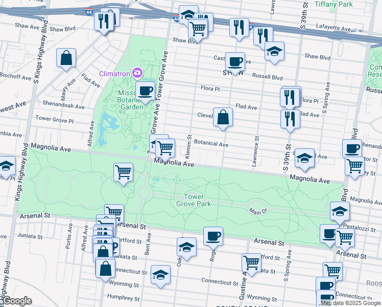 map of restaurants, bars, coffee shops, grocery stores, and more near 2358 Klemm Street in St. Louis
