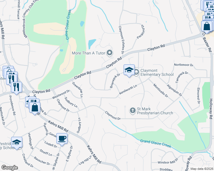 map of restaurants, bars, coffee shops, grocery stores, and more near 536 Briarwyck Drive in Ballwin
