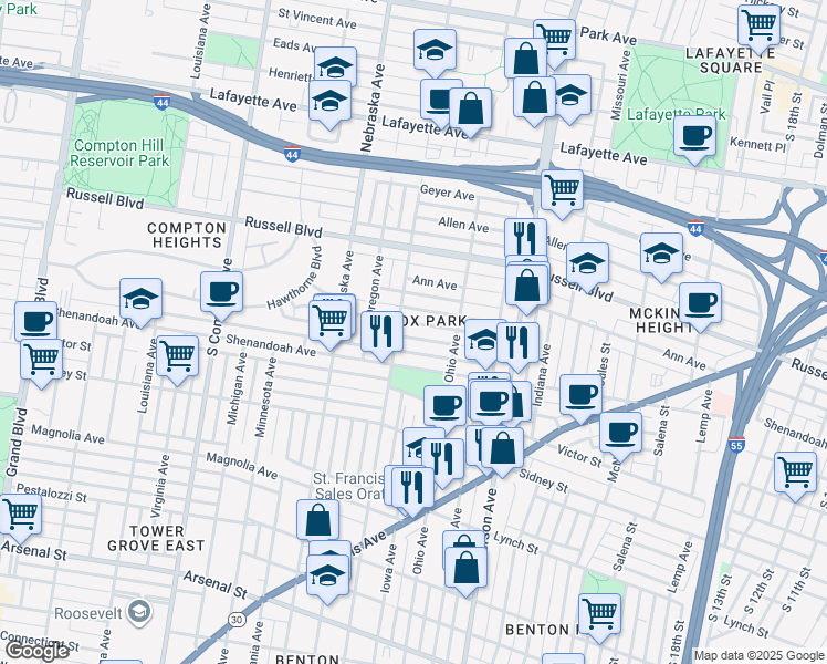 map of restaurants, bars, coffee shops, grocery stores, and more near 2745 Armand Place in St. Louis