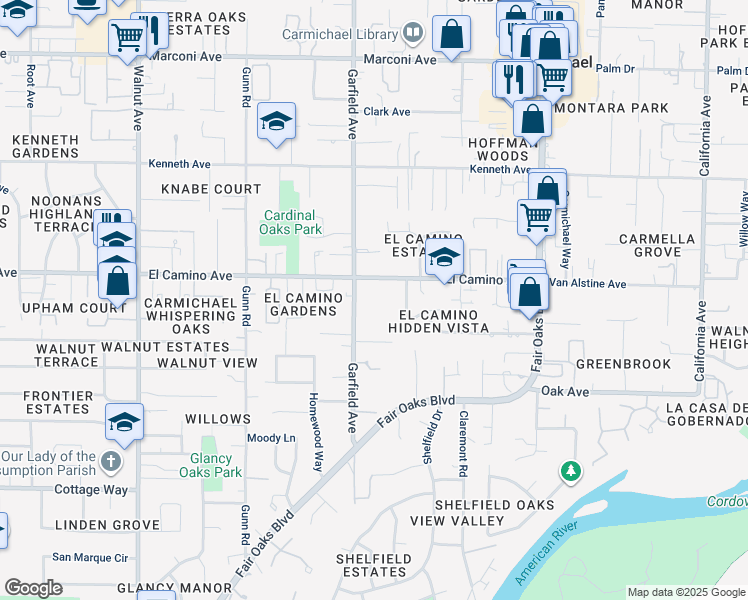 map of restaurants, bars, coffee shops, grocery stores, and more near Garfield Avenue in Sacramento County