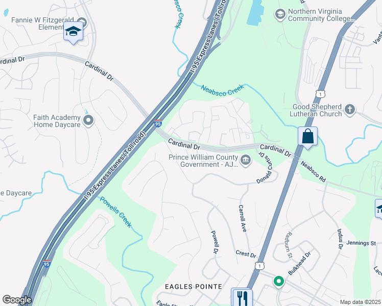 map of restaurants, bars, coffee shops, grocery stores, and more near 15815 Meherrin Way in Woodbridge