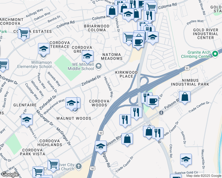 map of restaurants, bars, coffee shops, grocery stores, and more near 2465 Twin Court in Rancho Cordova