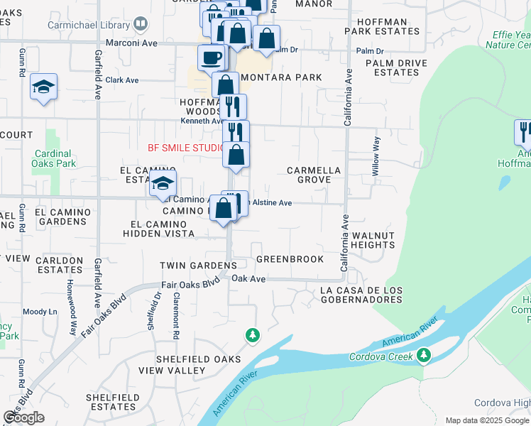 map of restaurants, bars, coffee shops, grocery stores, and more near 6000 Ard Aven Place in Carmichael