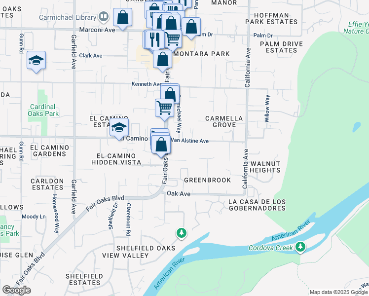 map of restaurants, bars, coffee shops, grocery stores, and more near 5939 Wedgewood Avenue in Carmichael