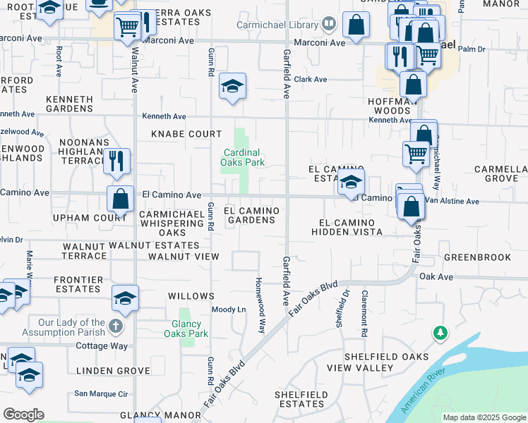 map of restaurants, bars, coffee shops, grocery stores, and more near 5409 Saint Anton Court in Carmichael