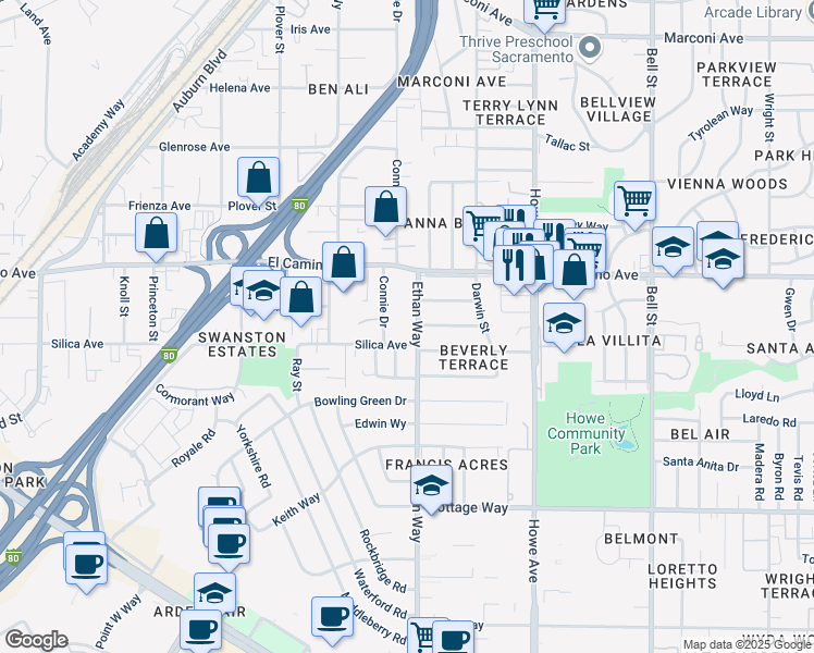 map of restaurants, bars, coffee shops, grocery stores, and more near 2328 Connie Drive in Sacramento