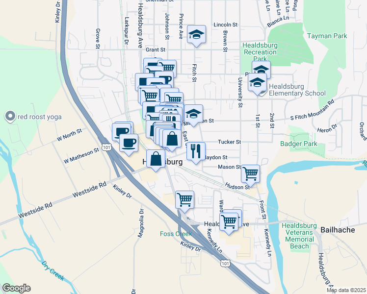 map of restaurants, bars, coffee shops, grocery stores, and more near 205 East Street in Healdsburg