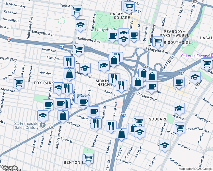 map of restaurants, bars, coffee shops, grocery stores, and more near 2017 Ann Avenue in St. Louis