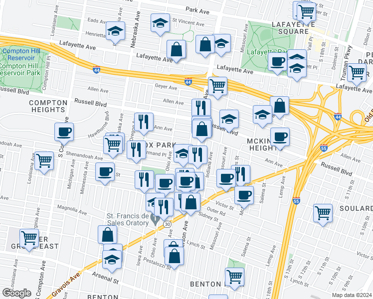 map of restaurants, bars, coffee shops, grocery stores, and more near 2628 Armand Place in St. Louis