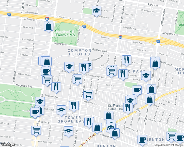 map of restaurants, bars, coffee shops, grocery stores, and more near 3120 Shenandoah Avenue in St. Louis