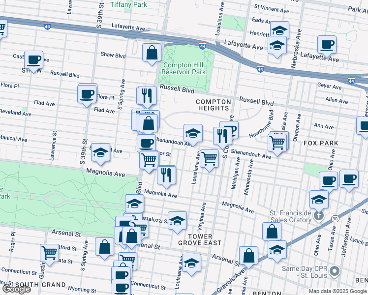 map of restaurants, bars, coffee shops, grocery stores, and more near 2310 Tennessee Avenue in St. Louis