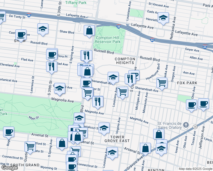 map of restaurants, bars, coffee shops, grocery stores, and more near 2332 Arkansas Avenue in St. Louis
