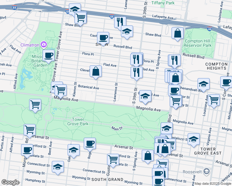 map of restaurants, bars, coffee shops, grocery stores, and more near 2364 Lawrence Street in St. Louis