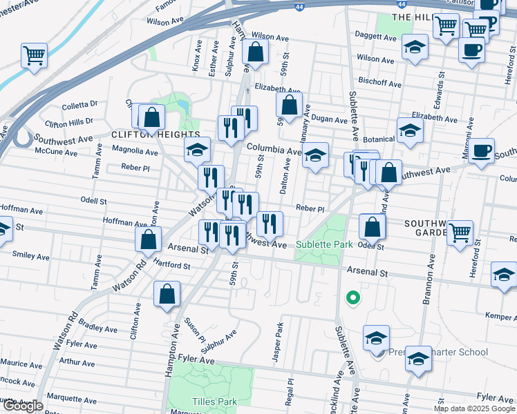 map of restaurants, bars, coffee shops, grocery stores, and more near 2822 59th Street in St. Louis