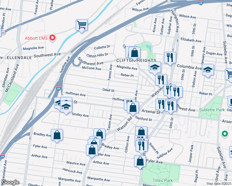 map of restaurants, bars, coffee shops, grocery stores, and more near 6265 Hoffman Avenue in St. Louis