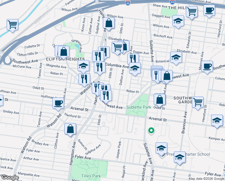 map of restaurants, bars, coffee shops, grocery stores, and more near 2822 59th Street in St. Louis