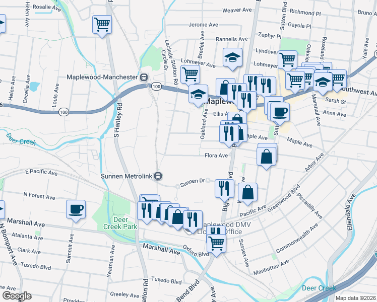map of restaurants, bars, coffee shops, grocery stores, and more near 7608 Flora Avenue in Maplewood