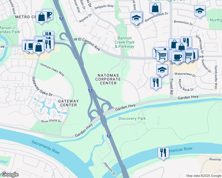 map of restaurants, bars, coffee shops, grocery stores, and more near 2485 Natomas Park Drive in Sacramento