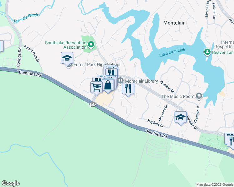 map of restaurants, bars, coffee shops, grocery stores, and more near 5049 Waterway Drive in Dumfries