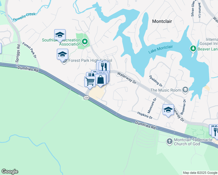 map of restaurants, bars, coffee shops, grocery stores, and more near 5049 Waterway Drive in Dumfries