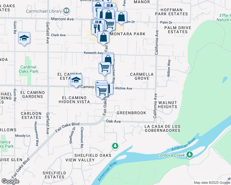 map of restaurants, bars, coffee shops, grocery stores, and more near 5920 Van Alstine Avenue in Carmichael