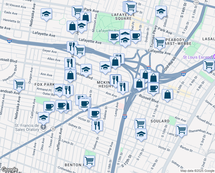 map of restaurants, bars, coffee shops, grocery stores, and more near 2031 Russell Boulevard in St. Louis