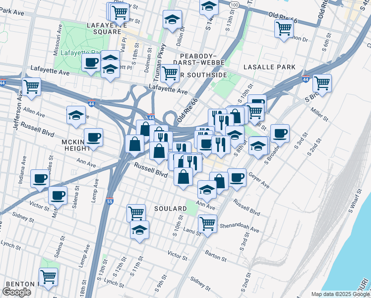 map of restaurants, bars, coffee shops, grocery stores, and more near 1035 Geyer Avenue in St. Louis