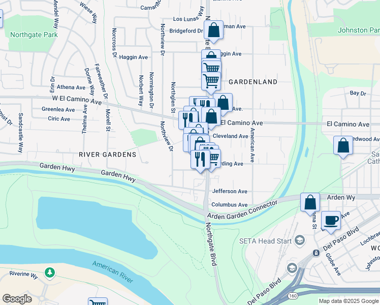 map of restaurants, bars, coffee shops, grocery stores, and more near 2369 Northgate Boulevard in Sacramento